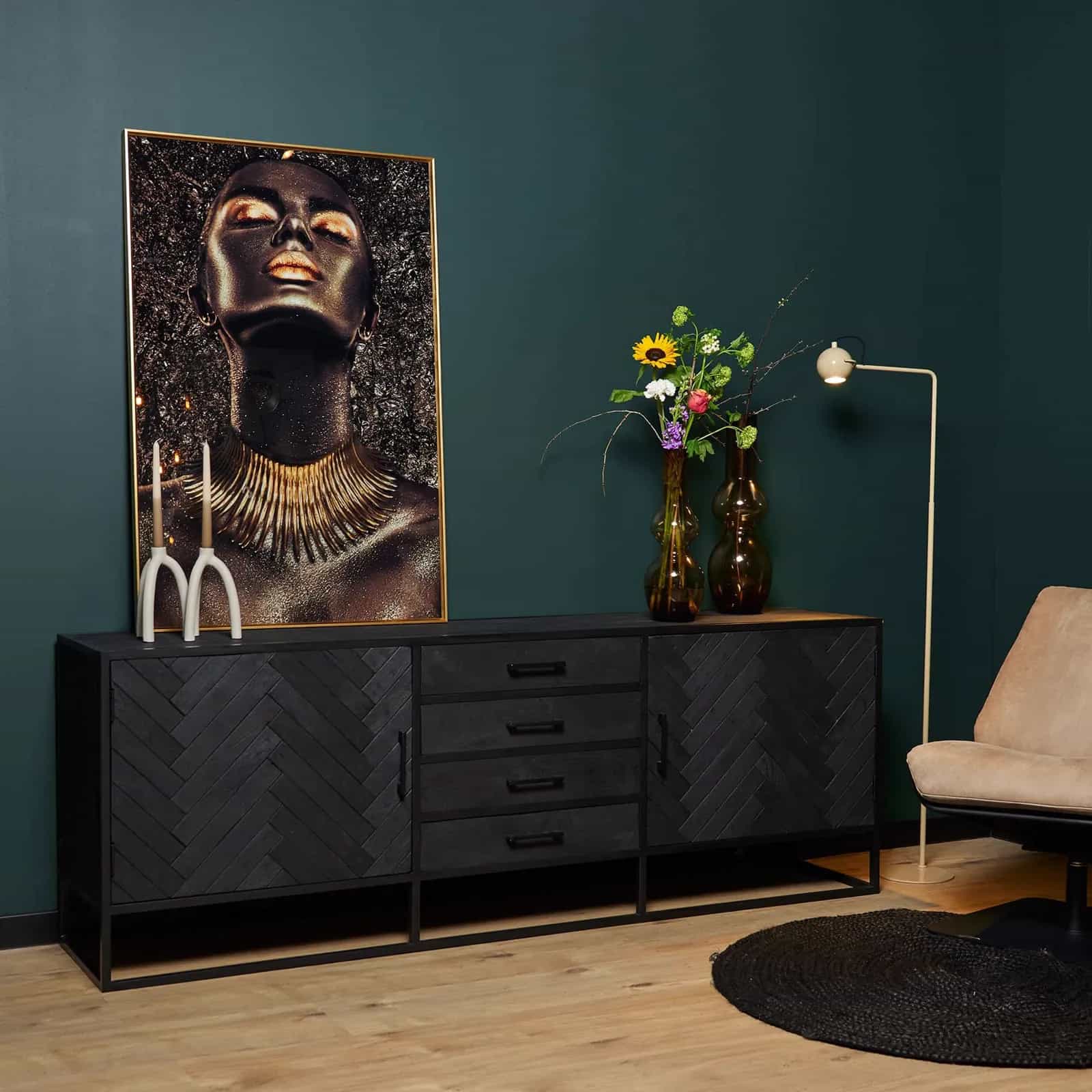 Sideboard New York, schwarz, Mangoholz, 210 cm