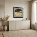Sideboard Brüssel Sand Mangoholz 200 cm in einem stimmungsvollen Wohnzimmer mit Kunstwerk und Trockenblumen - Starfurn