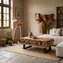 Couchtisch aus Eisen und Teakholz mit Holzbalken