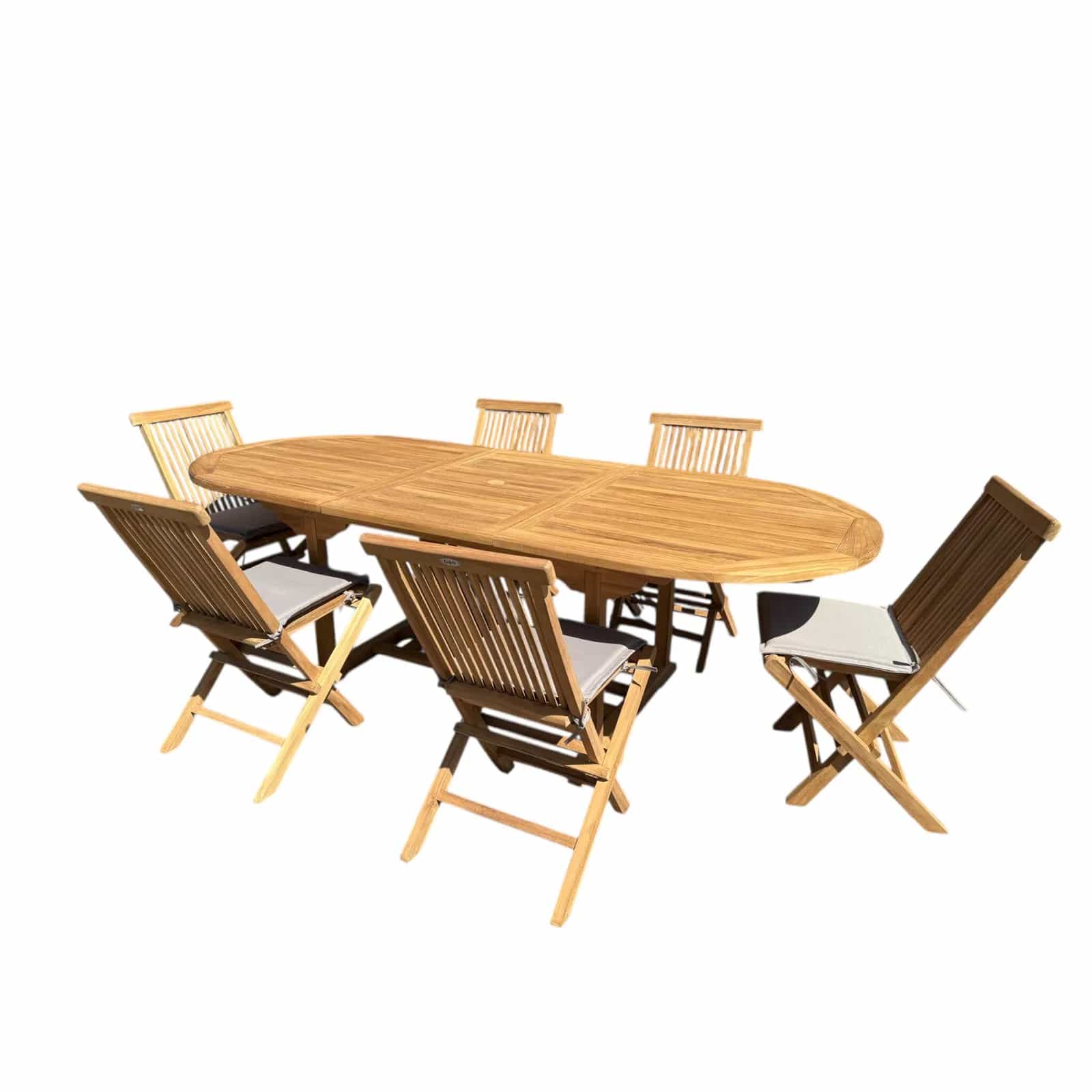 Ausziehbarer Esstisch Teak + 6 Stühle