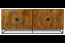 Elegante houten dressoir met mystieke spin-motief details en zwart metalen onderstel, perfect voor moderne en landelijke interieurs. Mooie natuurlijke houtafwerking en uniek design voor een statement in huis. - My Sons