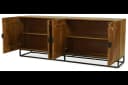 Elegante houten dressoir met open en gesloten opbergvakken, industrieel zwart metalen frame, perfect voor woonkamer of eetkamer, ambachtelijk vakmanschap, duurzame materialen, modern design. - My Sons