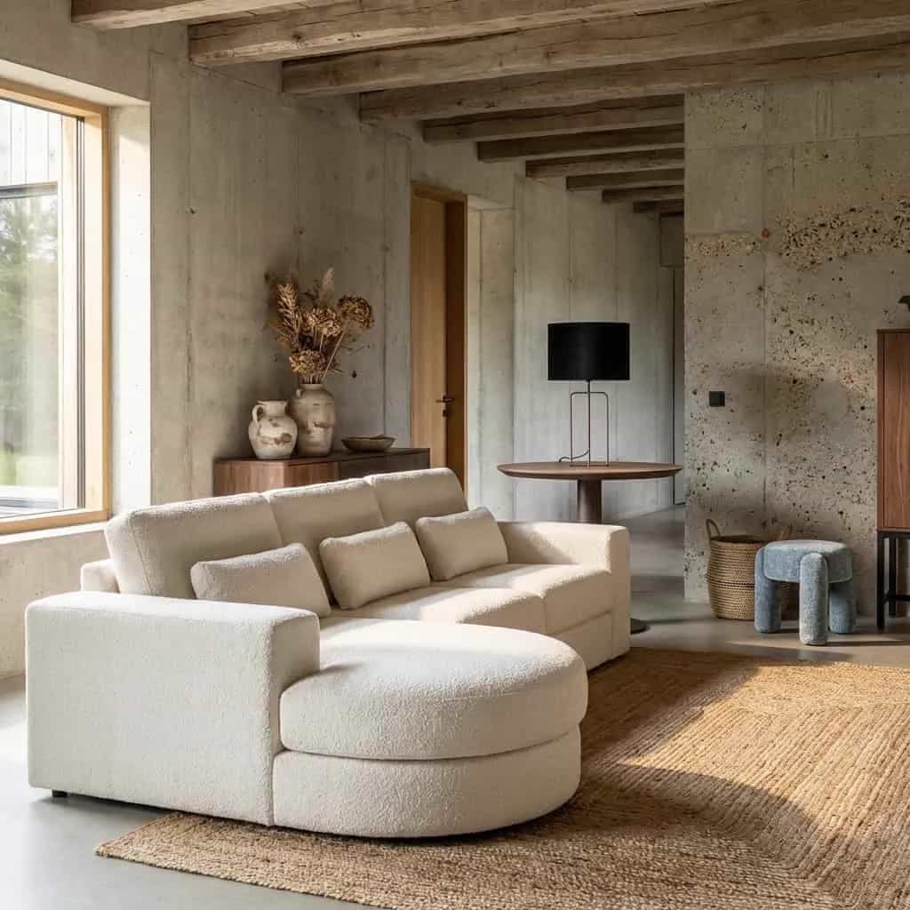 Sofa Felix weiß Chenille 2,5-Sitzer + Lounge rund links