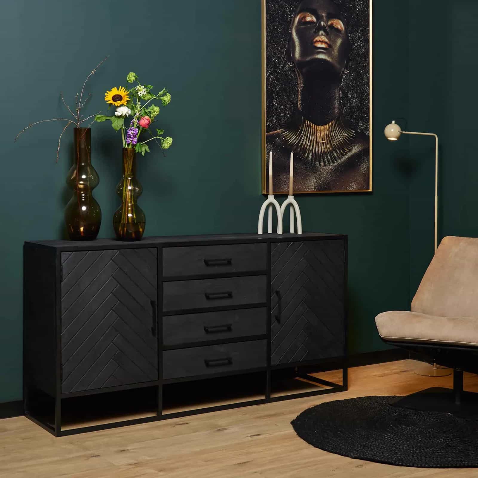 Sideboard New York, schwarz, Mangoholz, 165 cm