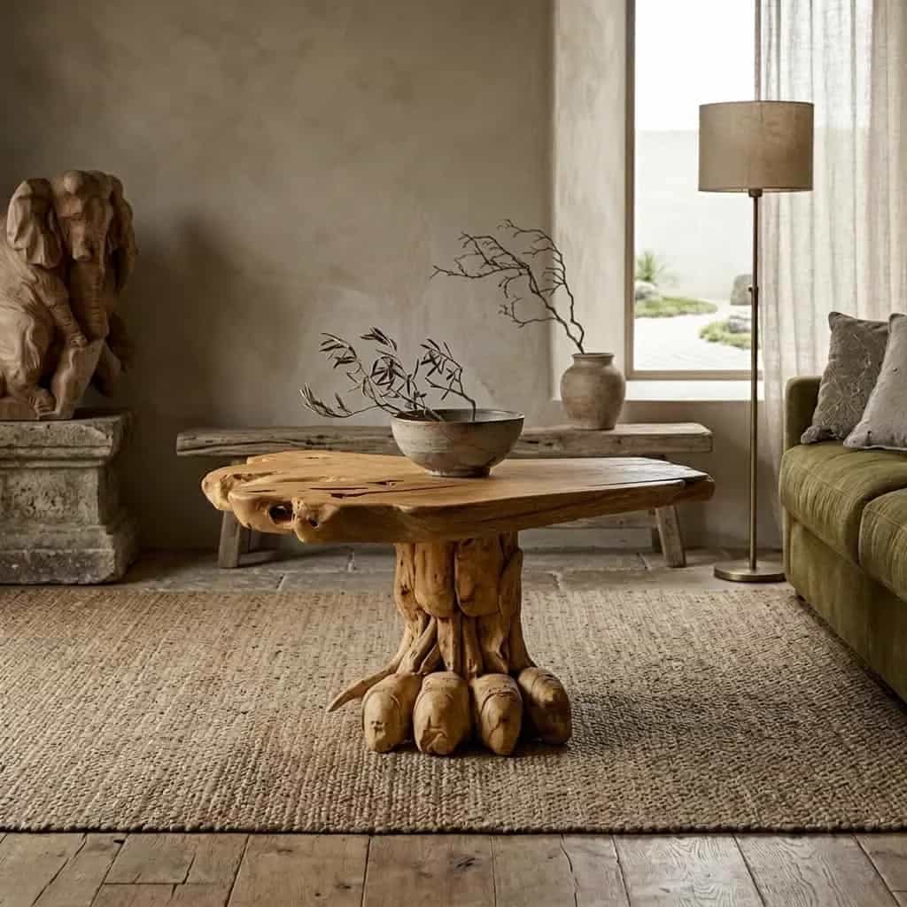 Couchtisch aus Teakholz im Baumstamm-Design | Tierfuß