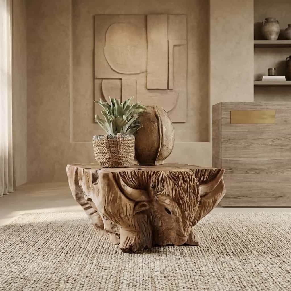 Couchtisch „Stier“ mit handgeschnitzten Motiven aus massivem Teakholz, 95 cm