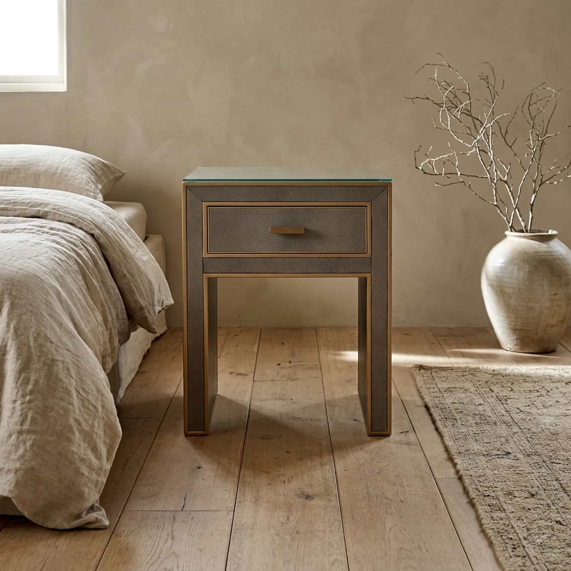 Nachttisch Bloomville Messing Shagreen mit Glasplatte