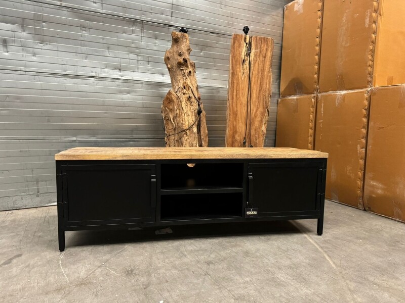 TV-Schrank Metall in Mangoholz und schwarzem Metall