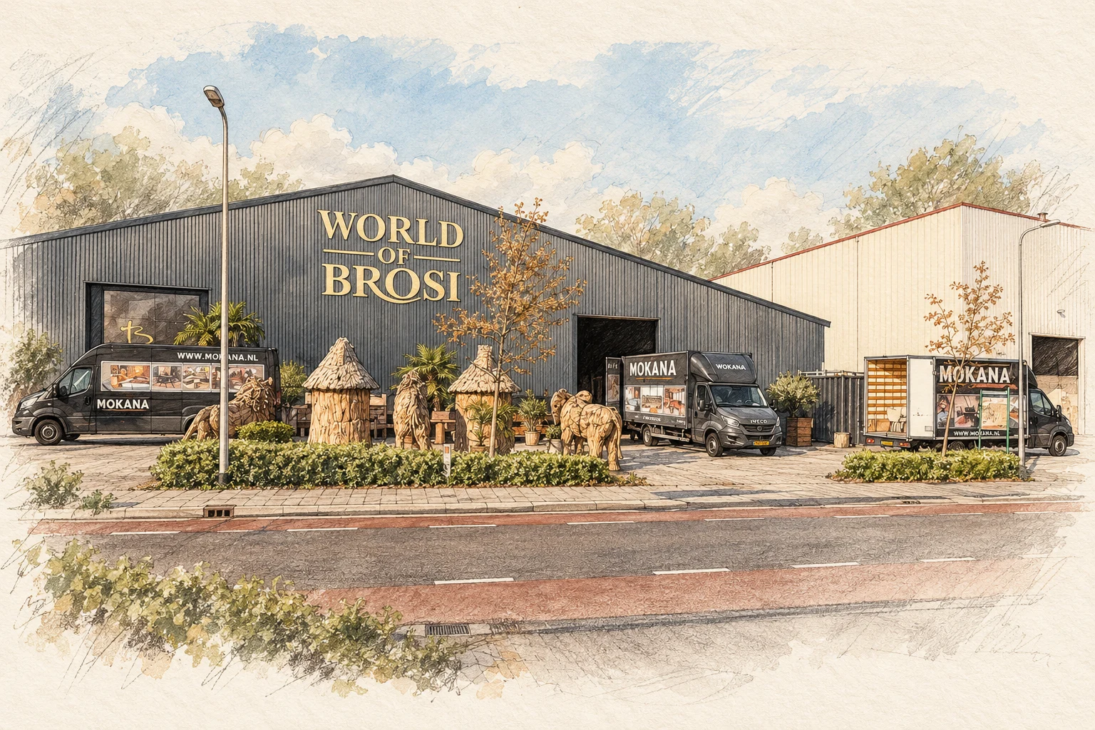 Illustrative Zeichnung des Brosi-Depots in Oldenzaal mit Mokana-Lieferfahrzeugen