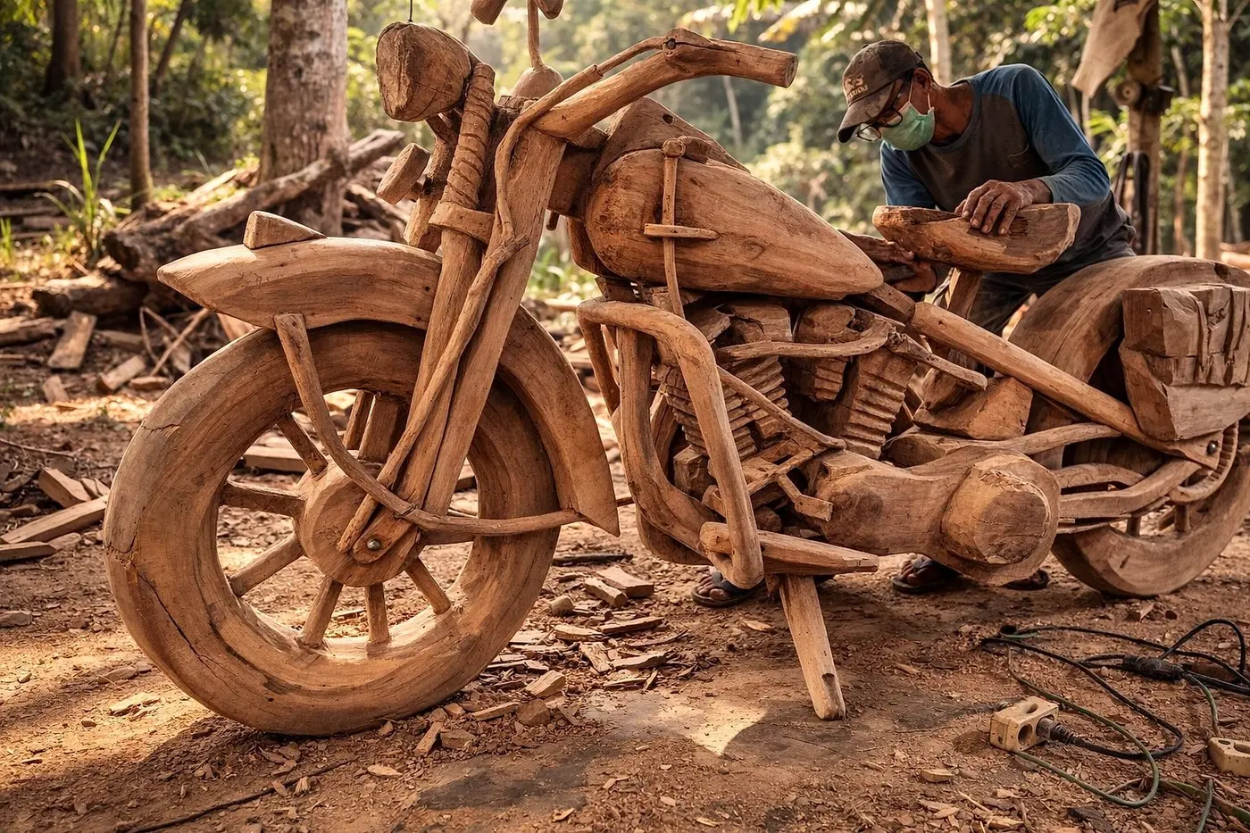 Holzschnitzer von Brosi bei der Arbeit im indonesischen Wald
