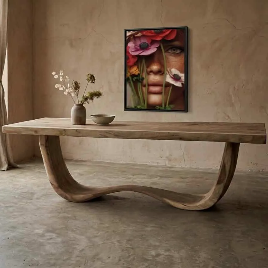 Eettafel suarhout met unieke design poot uit een stuk
