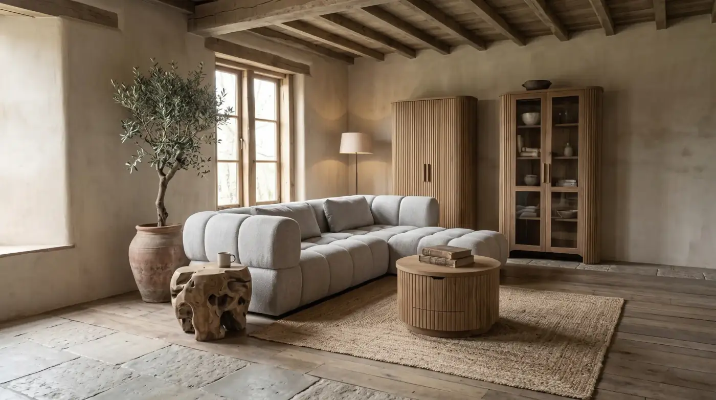 Helles Bouclé-Ecksofa mit rundem Rillen-Couchtisch und Wurzelholz-Hocker aus Teak in einem ländlichen Wohnzimmer mit Holzbalkendecke