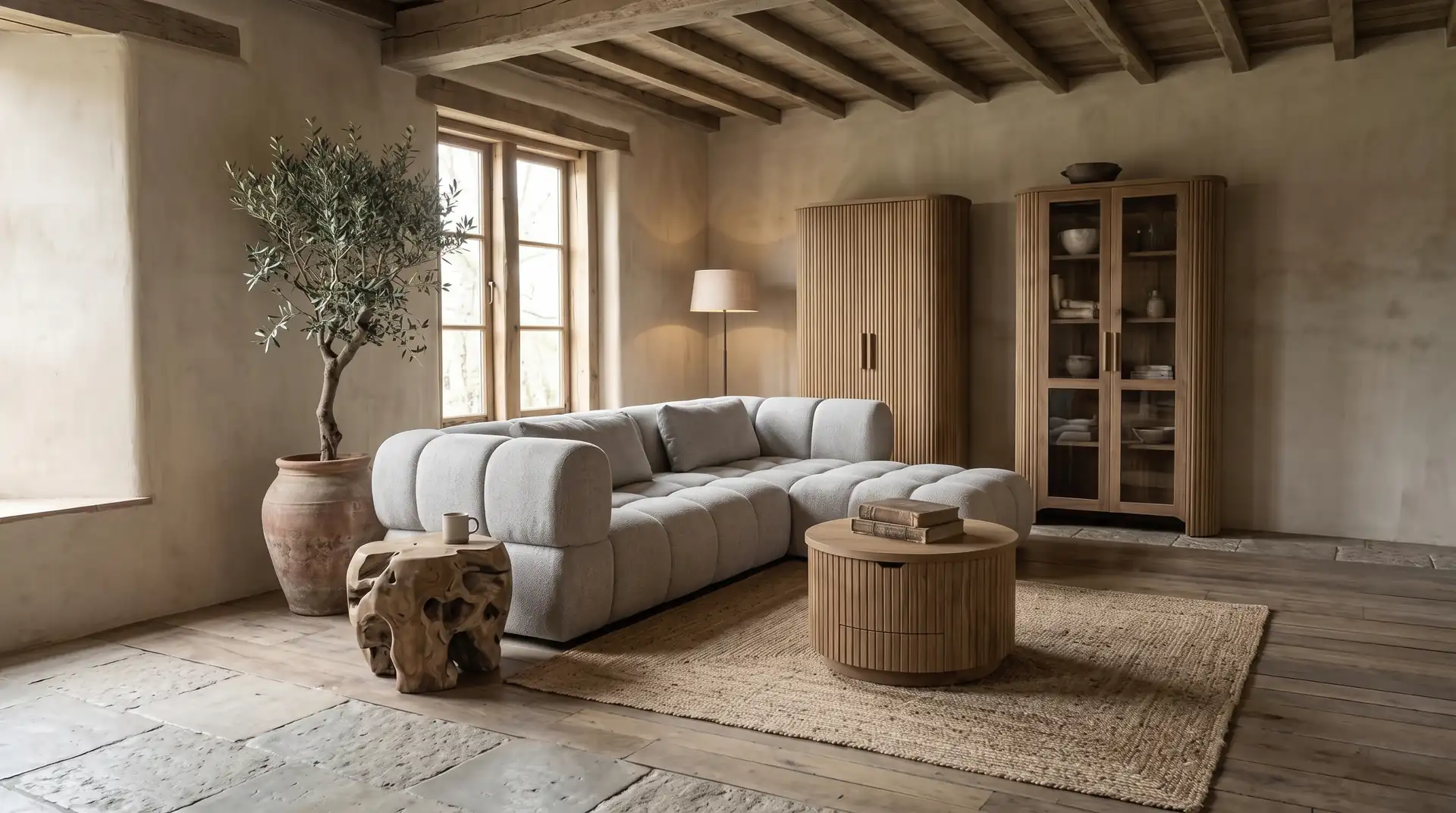 Helles Bouclé-Ecksofa mit rundem Rillen-Couchtisch und Wurzelholz-Hocker aus Teak in einem ländlichen Wohnzimmer mit Holzbalkendecke