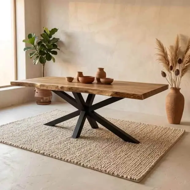 Baumstammtisch aus Suarholz mit schwarzem Spinnenfuß in einem ländlichen Interieur