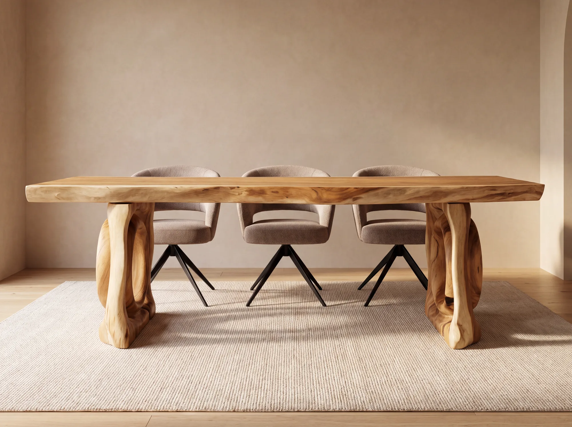 Massiver Suarholz-Baumstammtisch von World of Brosi mit geschwungenem Holzgestell und Armlehnstuhl Manon von H&E Design