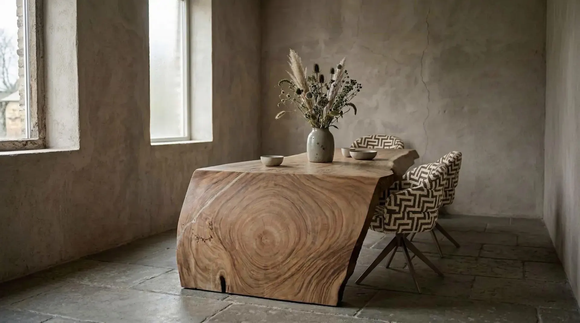 Massiver Suarholz-Wasserfall-Baumstammtisch von 440 cm in einem Wabi-Sabi-Esszimmer mit verputzter Wand und Natursteinboden